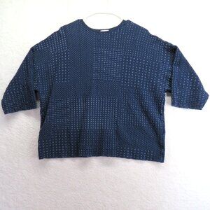 Pure Jill Sweater Sz Medium Navy Blue Textured Light Knit Top Cropped 3/4 Sleeve